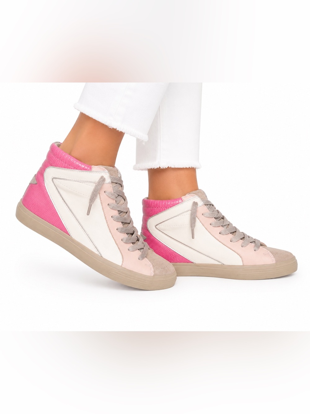 ShuShop Size 10 Rooney Pink Lizard Women's Pink & White Mid-Top Casual Sneakers